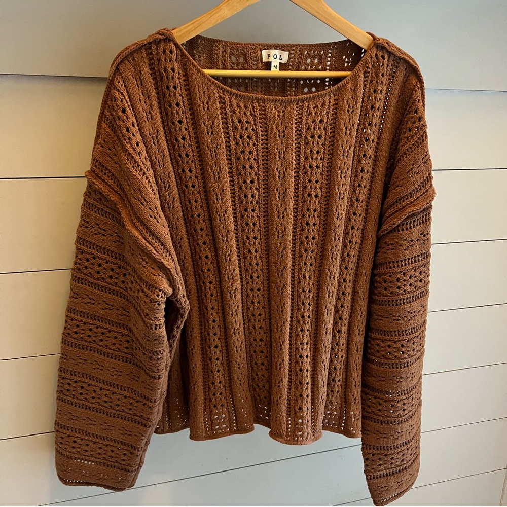 POL Women’s Chestnut Brown Crochet Sweater Oversized Medium